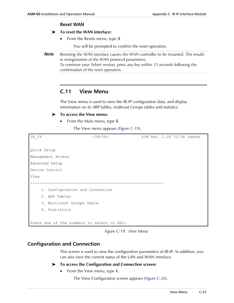 Reset wan, View menu, Configuration and connection | Figure c-19, C.11 view menu | RAD Data comm 4-Wire Symmetrical VDSL Modem ASM-60 User Manual | Page 77 / 90