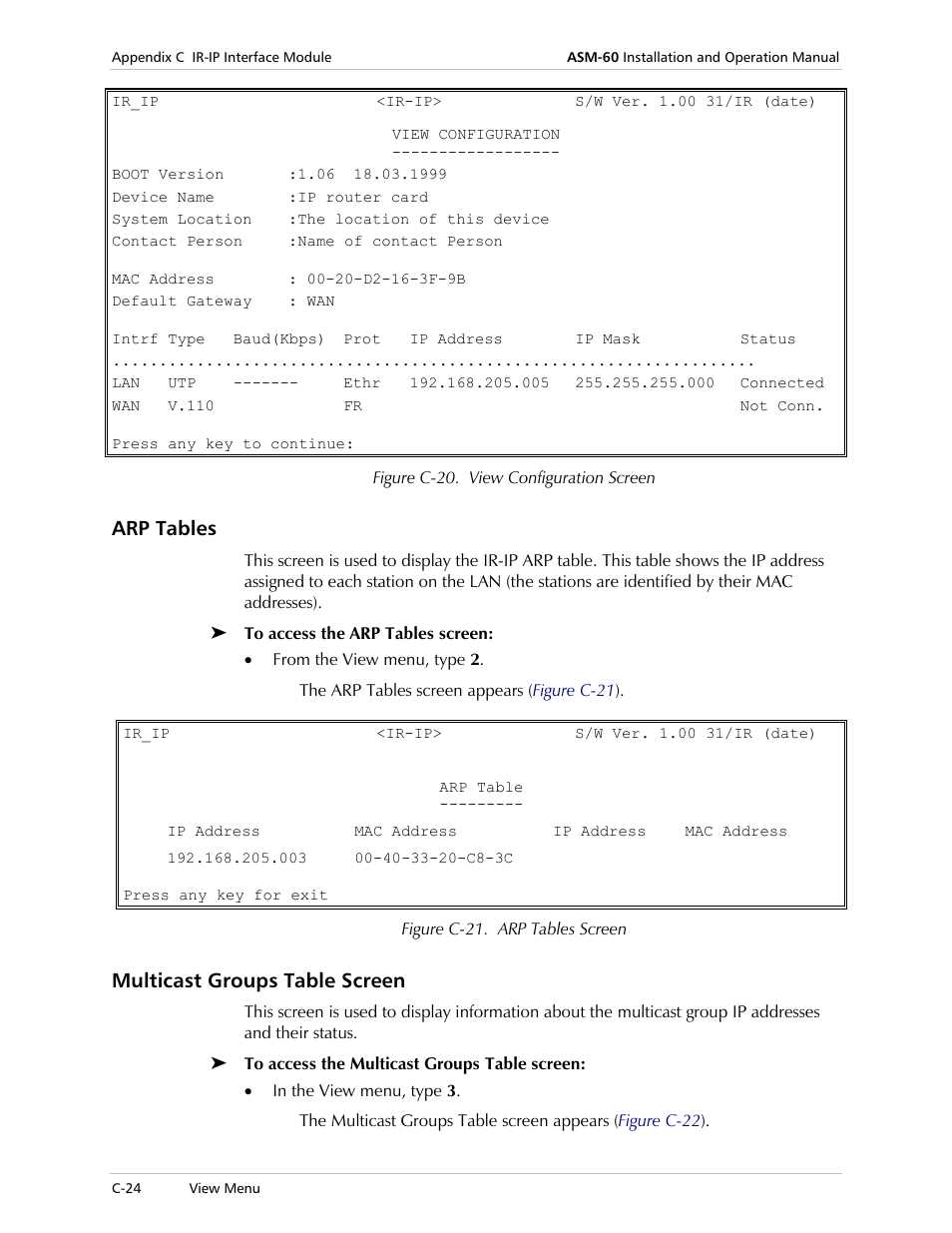 Arp tables, Multicast groups table screen, Figure c-20 | RAD Data comm 4-Wire Symmetrical VDSL Modem ASM-60 User Manual | Page 78 / 90