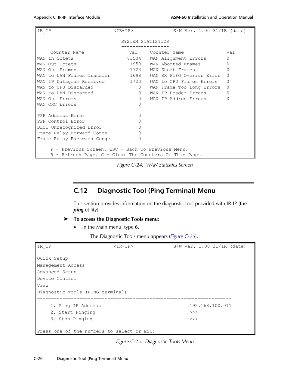 Diagnostic tool (ping terminal) menu, Figure c-24, C.12 diagnostic tool (ping terminal) menu | RAD Data comm 4-Wire Symmetrical VDSL Modem ASM-60 User Manual | Page 80 / 90