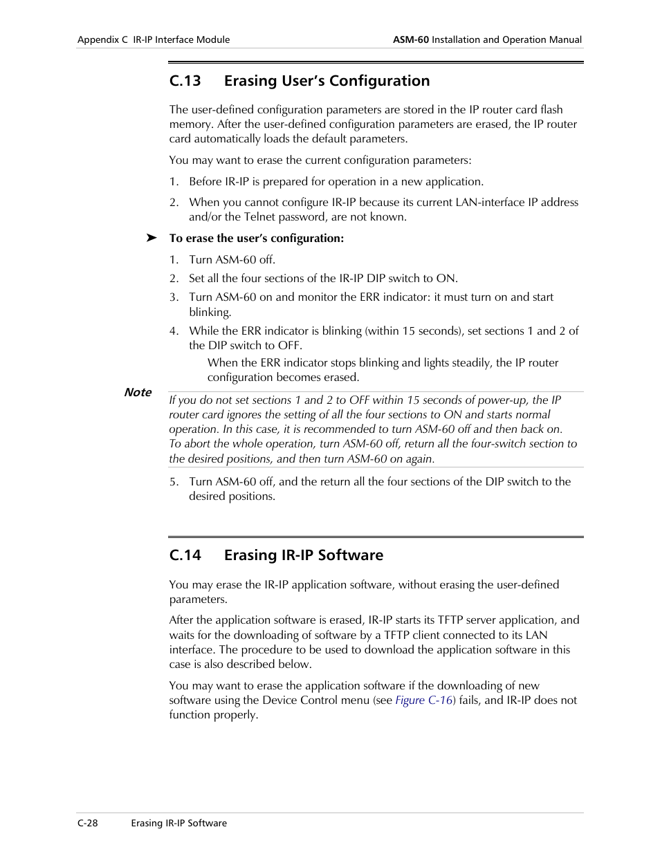 Erasing user’s configuration, Erasing ir-ip software, Erasing | User’s configuration, Section below, C.13 erasing user’s configuration, C.14 erasing ir-ip software | RAD Data comm 4-Wire Symmetrical VDSL Modem ASM-60 User Manual | Page 82 / 90