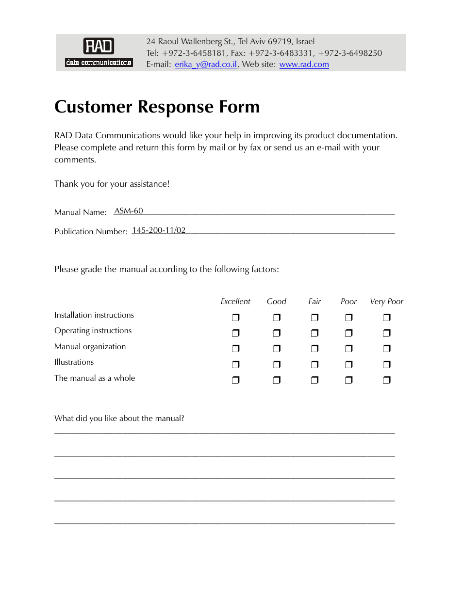 Customer response form | RAD Data comm 4-Wire Symmetrical VDSL Modem ASM-60 User Manual | Page 85 / 90