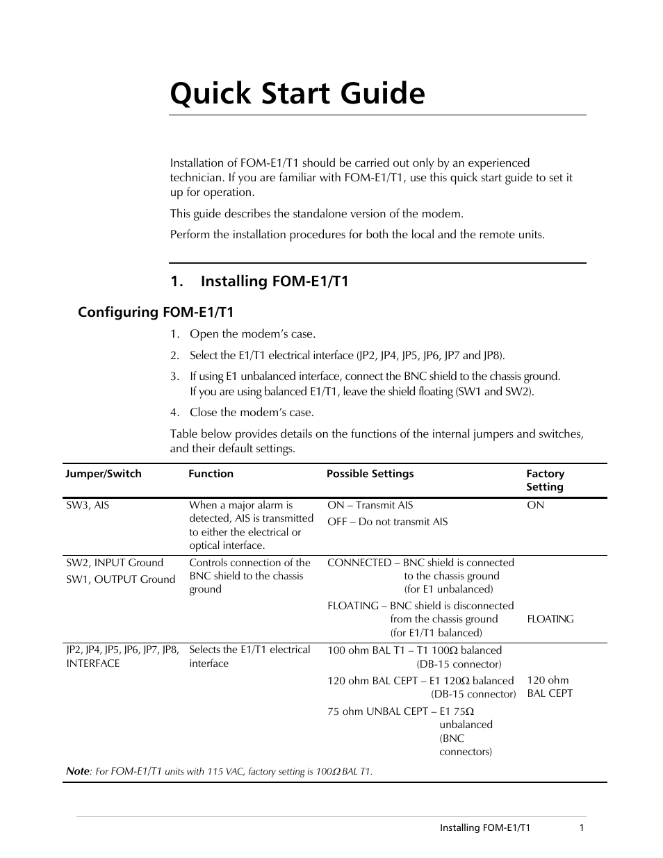Quick start guide, Installing fom-e1/t1, Configuring fom-e1/t1 | RAD Data comm T1 User Manual | Page 11 / 46