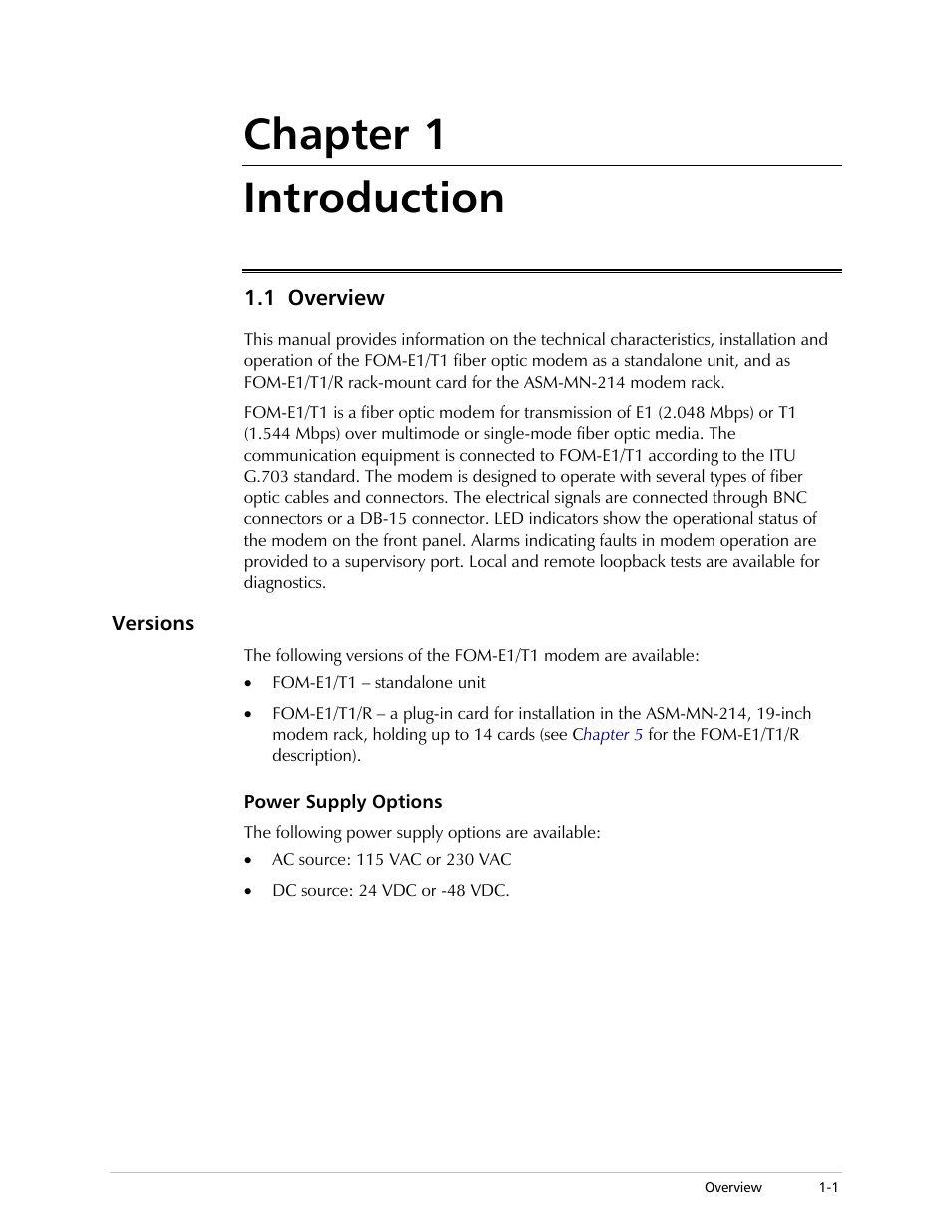 Chapter 1. introduction, Overview, Versions | Power supply options, Chapter 1 introduction | RAD Data comm T1 User Manual | Page 15 / 46