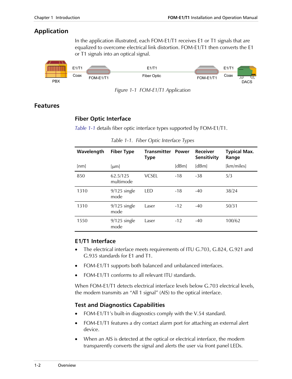 Application, Features, Fiber optic interface | E1/t1 interface, Test and diagnostics capabilities | RAD Data comm T1 User Manual | Page 16 / 46
