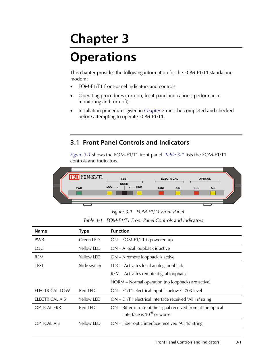 Chapter 3. operations, Front panel controls and indicators, Hapter 3 | Chapter 3 operations, 1 front panel controls and indicators | RAD Data comm T1 User Manual | Page 27 / 46