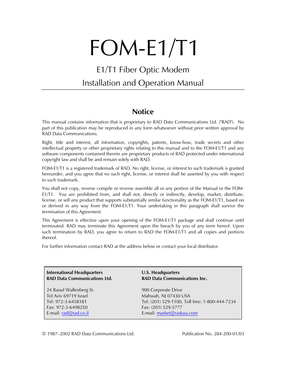 Fom-e1/t1, Notice | RAD Data comm T1 User Manual | Page 3 / 46
