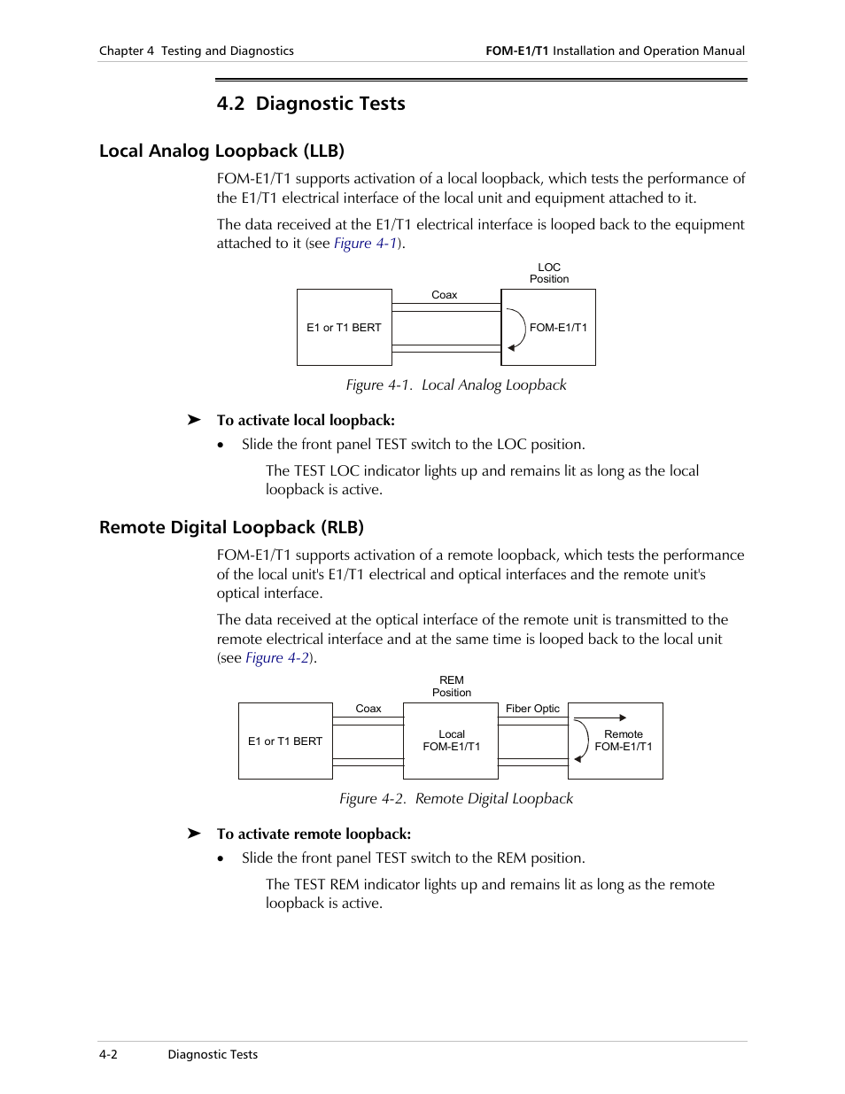 Diagnostic tests, Local analog loopback (llb), Remote digital loopback (rlb) | 2 diagnostic tests | RAD Data comm T1 User Manual | Page 30 / 46