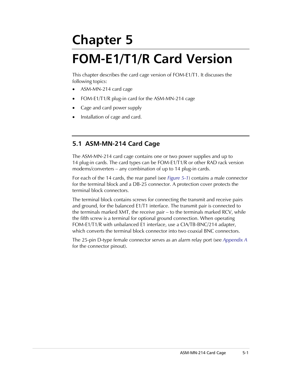 Chapter 5. fom-e1/t1/r card version, Asm-mn-214 card cage, Chapter 5 fom-e1/t1/r card version | RAD Data comm T1 User Manual | Page 33 / 46