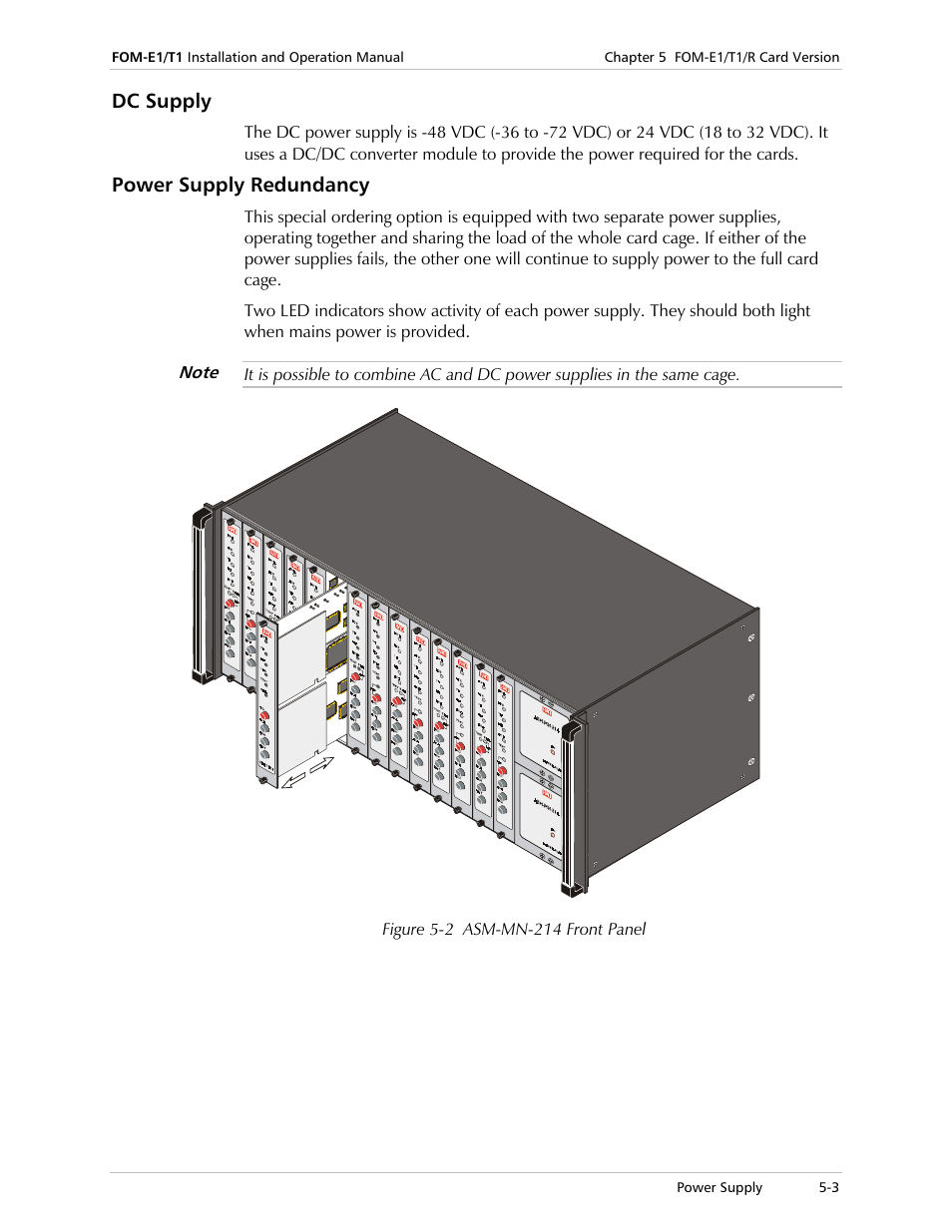 Dc supply, Power supply redundancy, Mn-214 front panel (see | Figure 5-2 | RAD Data comm T1 User Manual | Page 35 / 46