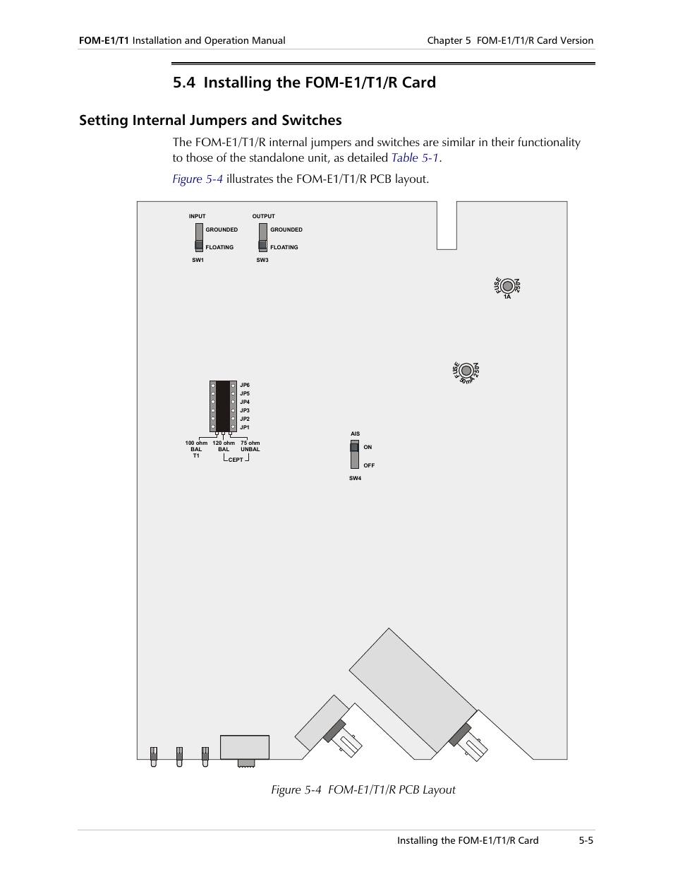 Installing the fom-e1/t1/r card, Setting internal jumpers and switches, Figure 5-4 | The rati, 4 installing the fom-e1/t1/r card, Figure 5-4 fom-e1/t1/r pcb layout | RAD Data comm T1 User Manual | Page 37 / 46
