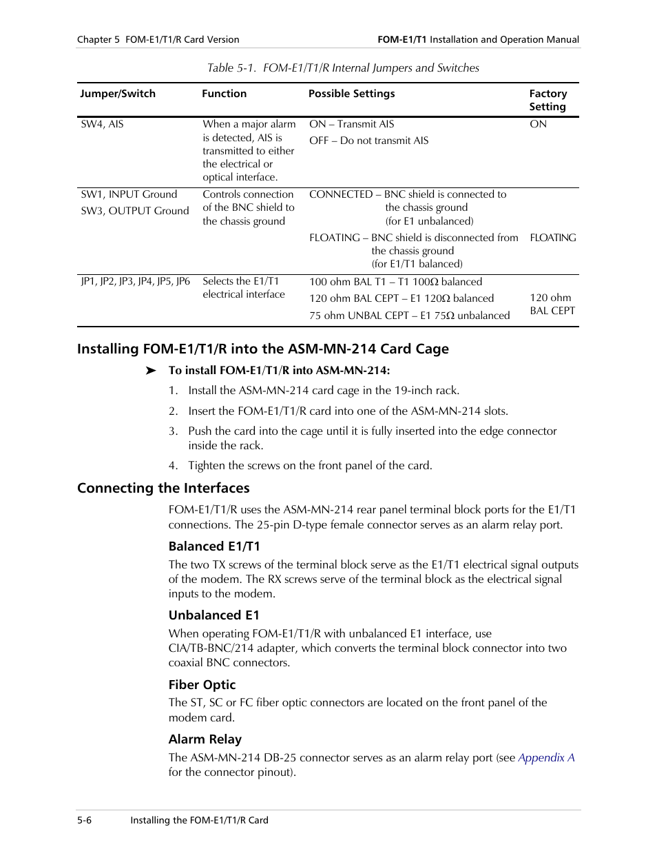 Connecting the interfaces, Balanced e1/t1, Unbalanced e1 | Fiber optic, Alarm relay, Iled, Table 5-1 | RAD Data comm T1 User Manual | Page 38 / 46