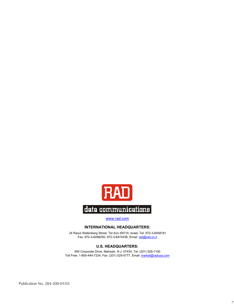 Back cover | RAD Data comm T1 User Manual | Page 46 / 46