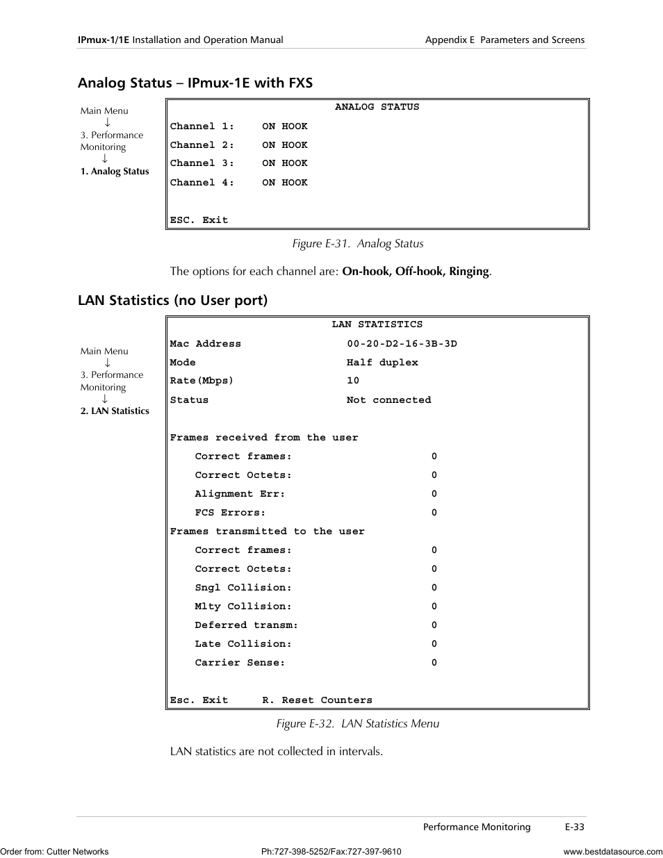 Analog status – ipmux-1e with fxs, Lan statistics (no user port) | RAD Data comm IPmux-1 User Manual | Page 131 / 143