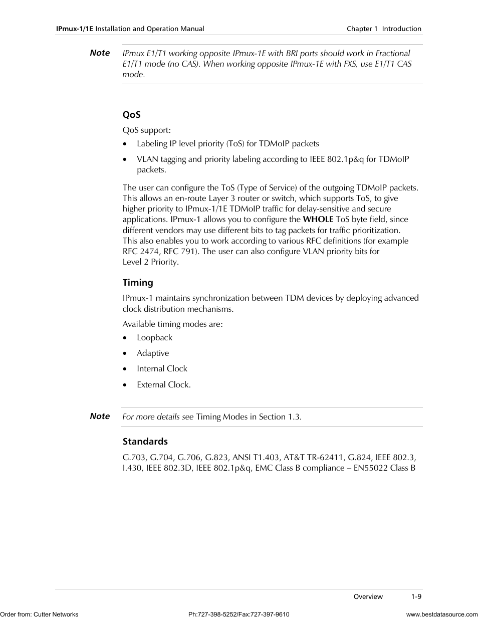 Timing, Standards | RAD Data comm IPmux-1 User Manual | Page 17 / 143