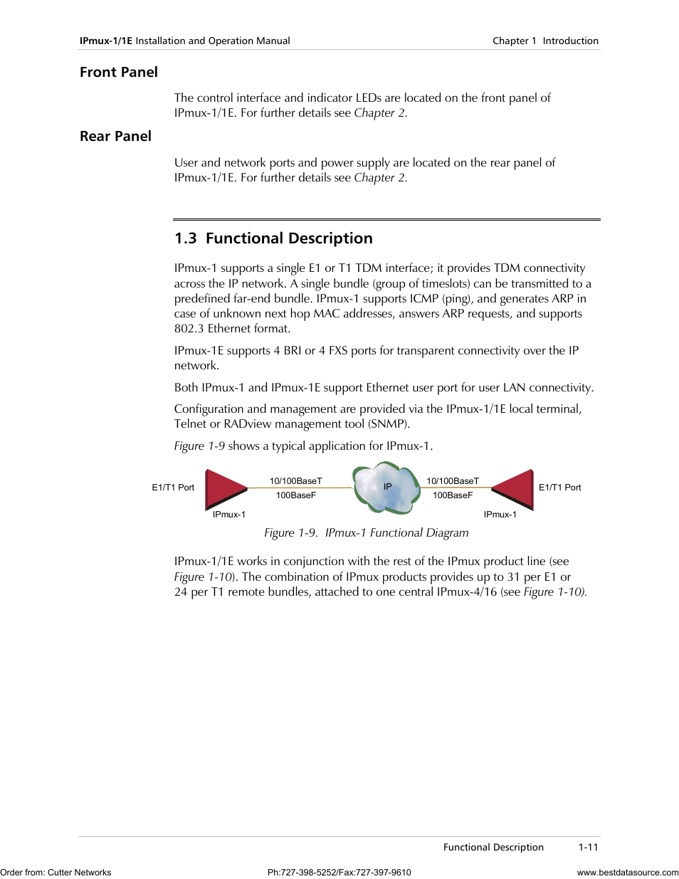 Front panel, Rear panel, Functional description | 3 functional description | RAD Data comm IPmux-1 User Manual | Page 19 / 143