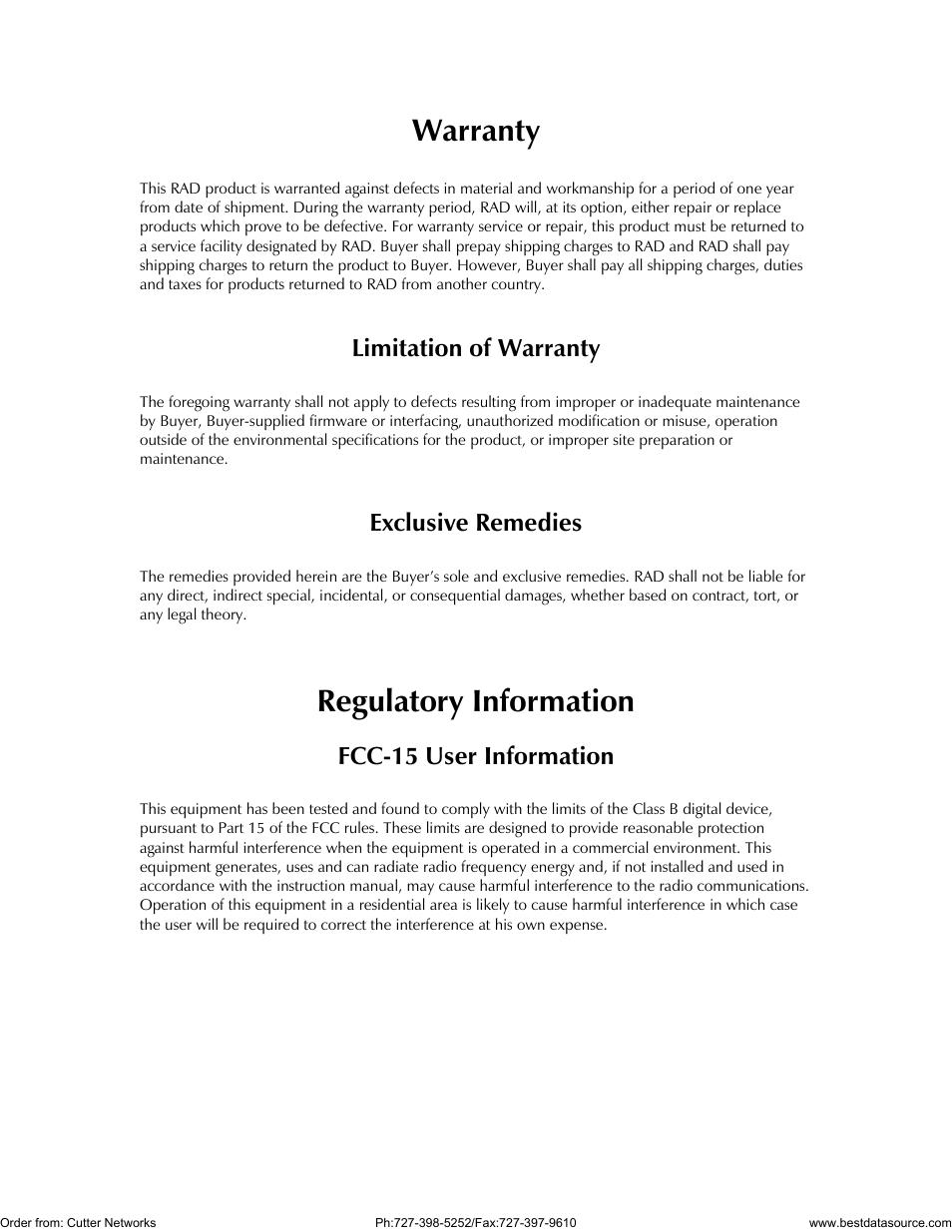 Warranty, Regulatory information, Limitation of warranty | Exclusive remedies, Fcc-15 user information | RAD Data comm IPmux-1 User Manual | Page 2 / 143