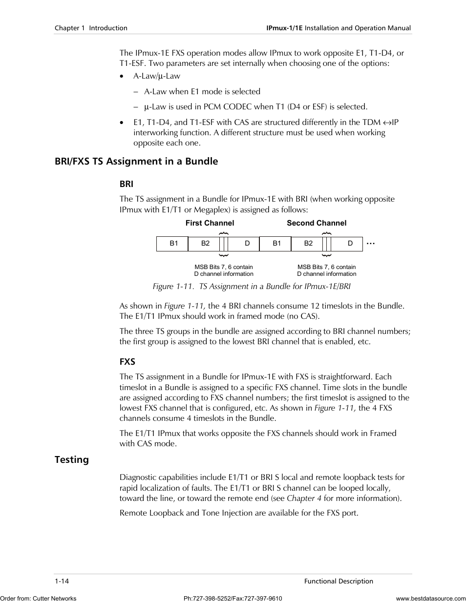 Bri/fxs ts assignment in a bundle, Testing | RAD Data comm IPmux-1 User Manual | Page 22 / 143