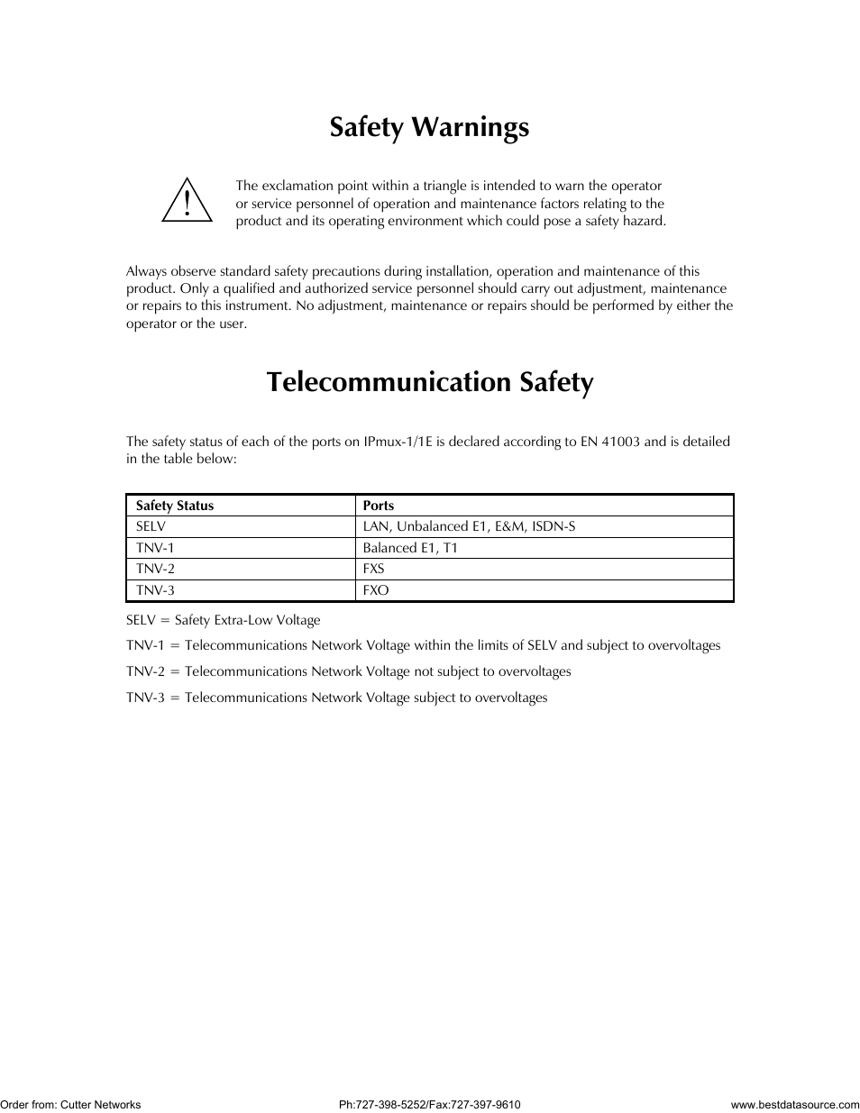 Safety warnings, Telecommunication safety | RAD Data comm IPmux-1 User Manual | Page 3 / 143