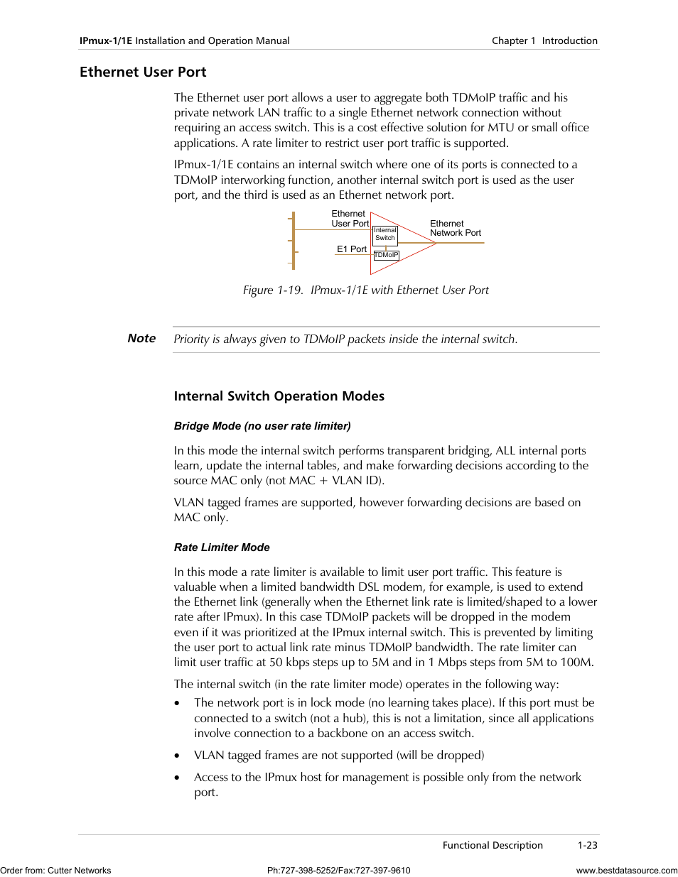 Ethernet user port, Internal switch operation modes | RAD Data comm IPmux-1 User Manual | Page 31 / 143