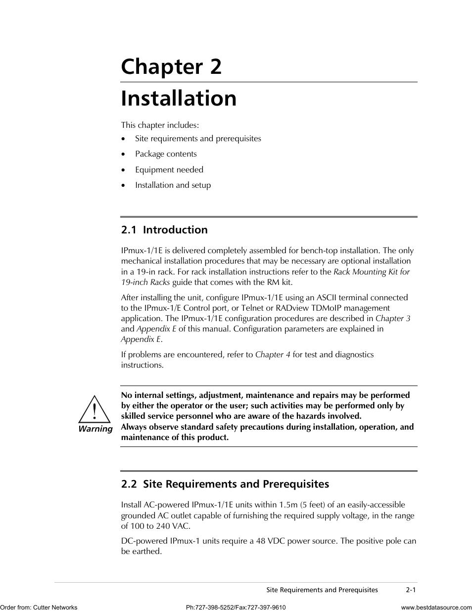 Installation, Introduction, Site requirements and prerequisites | Chapter 2 installation, 1 introduction, 2 site requirements and prerequisites | RAD Data comm IPmux-1 User Manual | Page 37 / 143