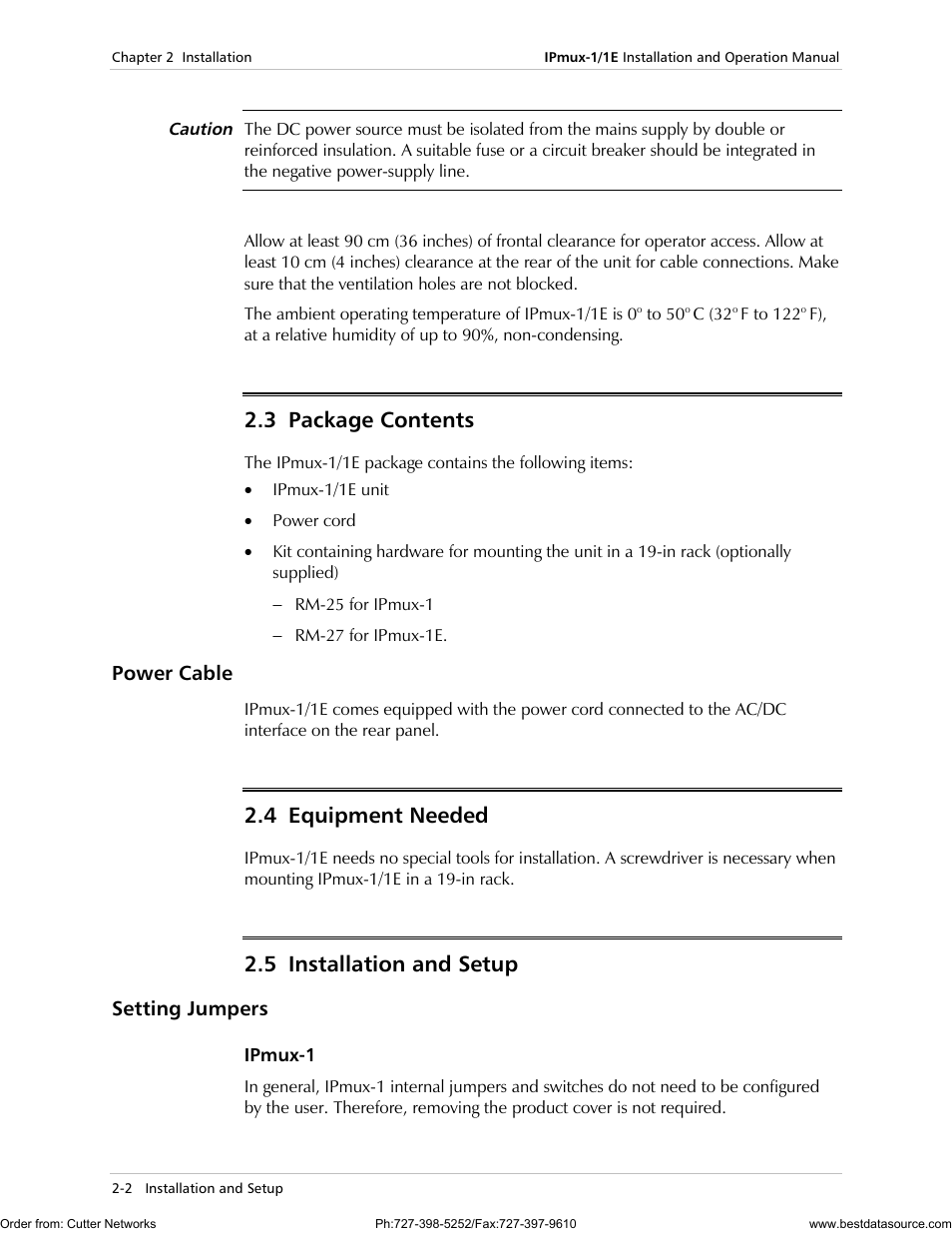 Package contents, Power cable, Equipment needed | Installation and setup, Setting jumpers, 3 package contents, 4 equipment needed, 5 installation and setup | RAD Data comm IPmux-1 User Manual | Page 38 / 143