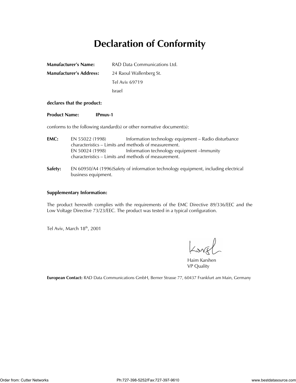 Declaration of conformity | RAD Data comm IPmux-1 User Manual | Page 4 / 143