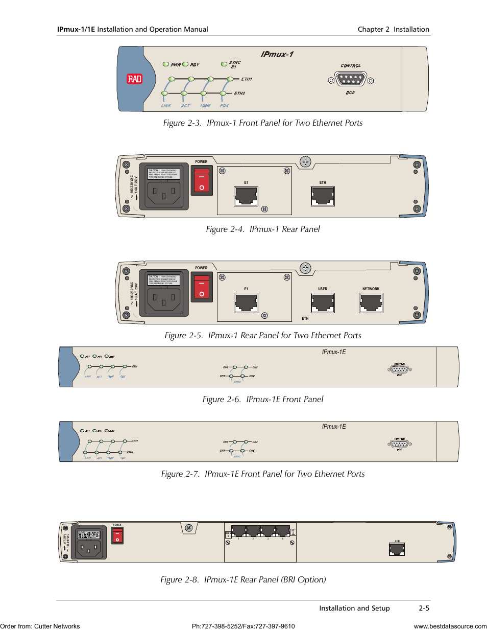 Figure 2-4. ipmux-1 rear panel, Figure 2-6. ipmux-1e front panel, Figure 2-8. ipmux-1e rear panel (bri option) | Ipmux-1e | RAD Data comm IPmux-1 User Manual | Page 41 / 143