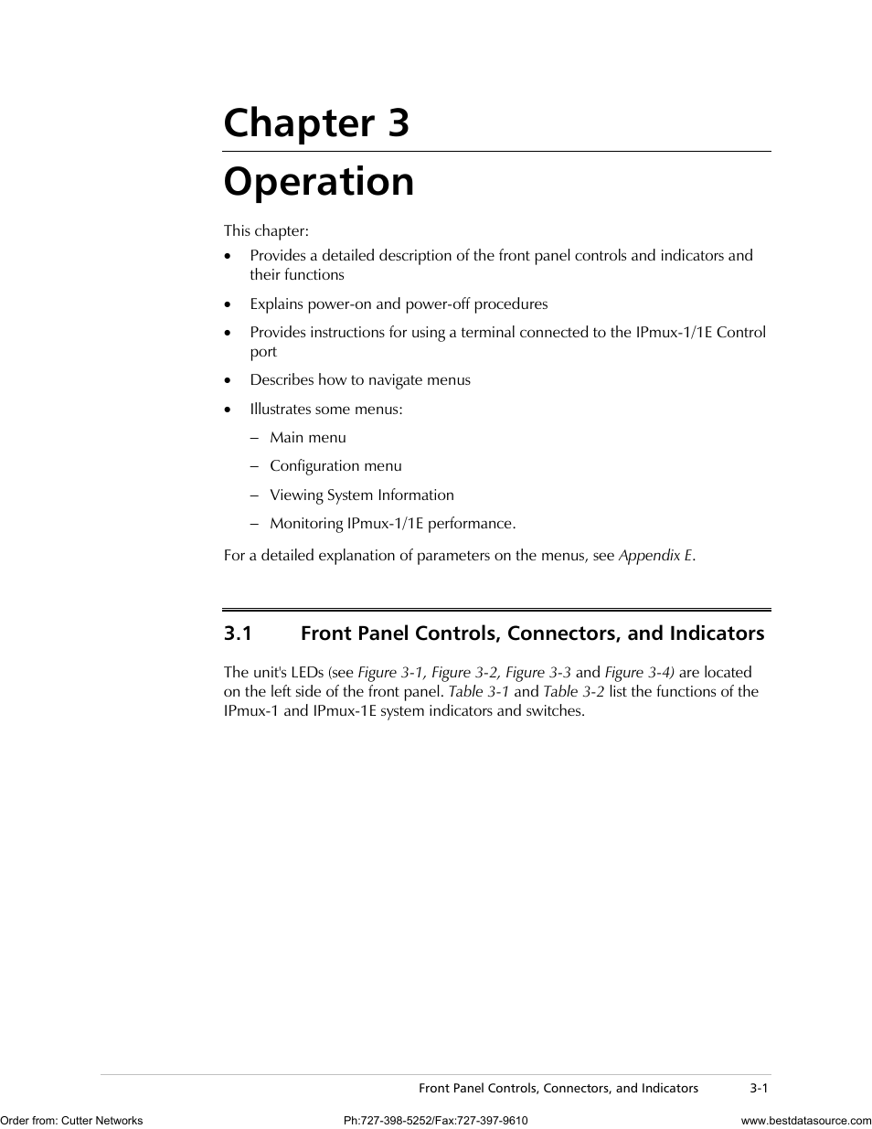 Operation, Front panel controls, connectors, and indicators, Chapter 3 operation | 1 front panel controls, connectors, and indicators | RAD Data comm IPmux-1 User Manual | Page 47 / 143