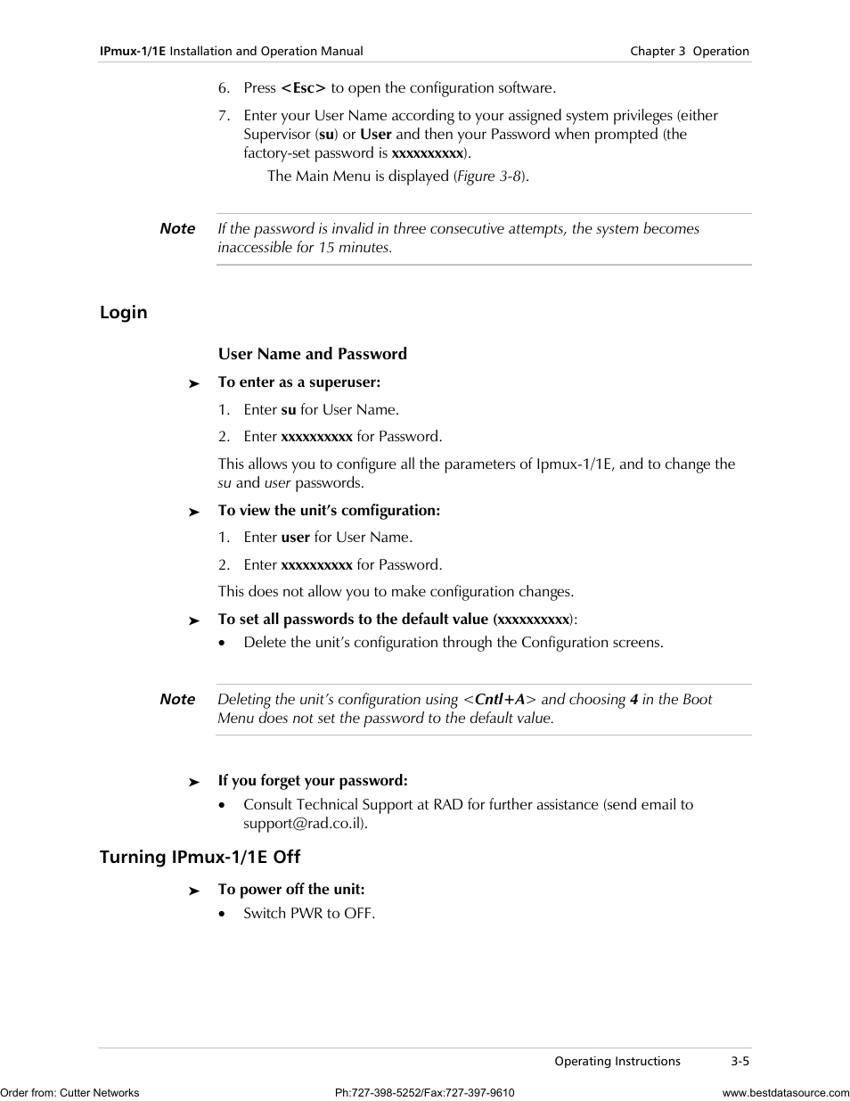 Login, Turning ipmux-1/1e off | RAD Data comm IPmux-1 User Manual | Page 51 / 143