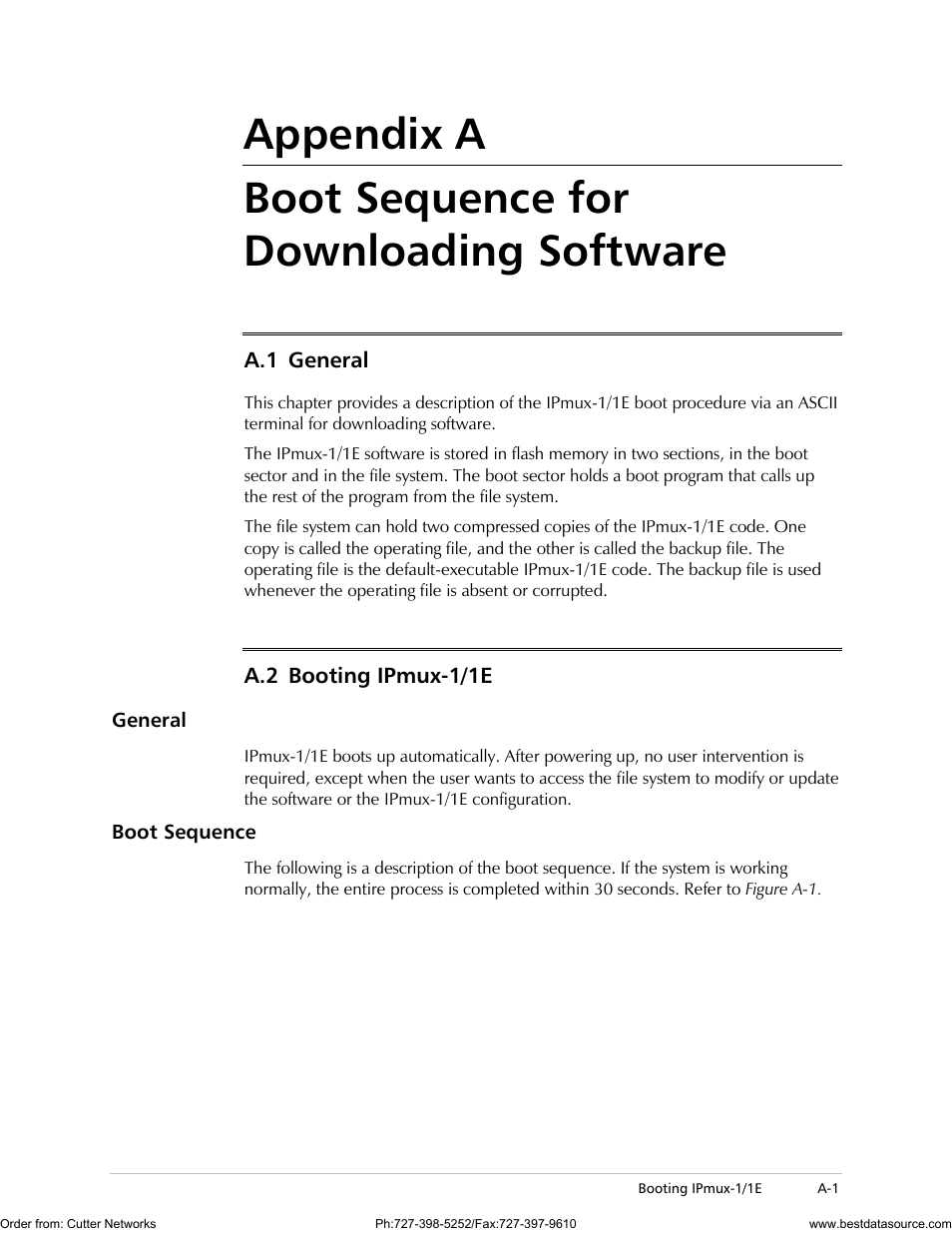 Boot sequence for downloading software, General, Booting ipmux-1/1e | Boot sequence, Appendix a boot sequence for downloading software, A.1 general, A.2 booting ipmux-1/1e | RAD Data comm IPmux-1 User Manual | Page 85 / 143