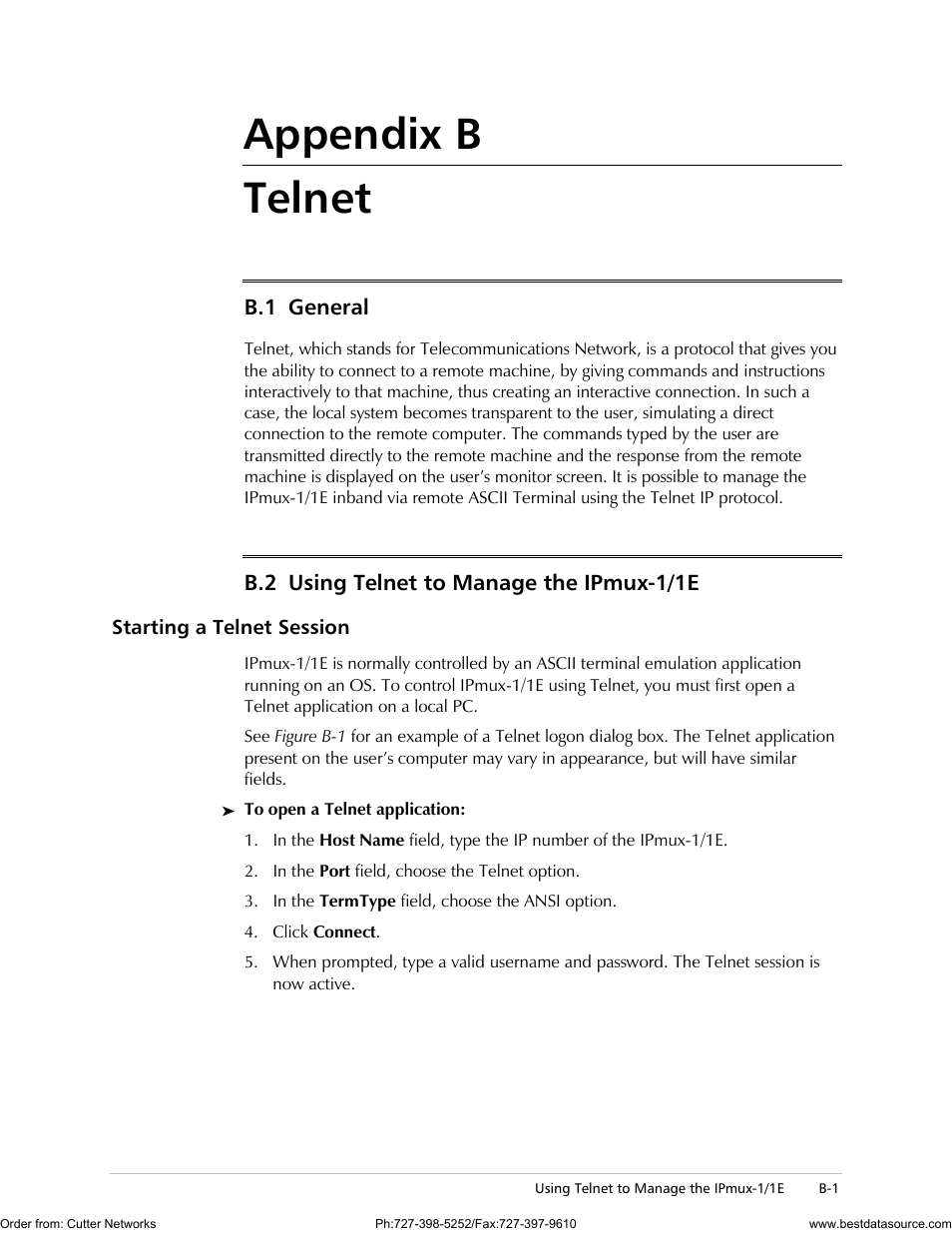 Telnet, General, Using telnet to manage the ipmux-1/1e | Starting a telnet session, Appendix b telnet, B.1 general, B.2 using telnet to manage the ipmux-1/1e | RAD Data comm IPmux-1 User Manual | Page 89 / 143