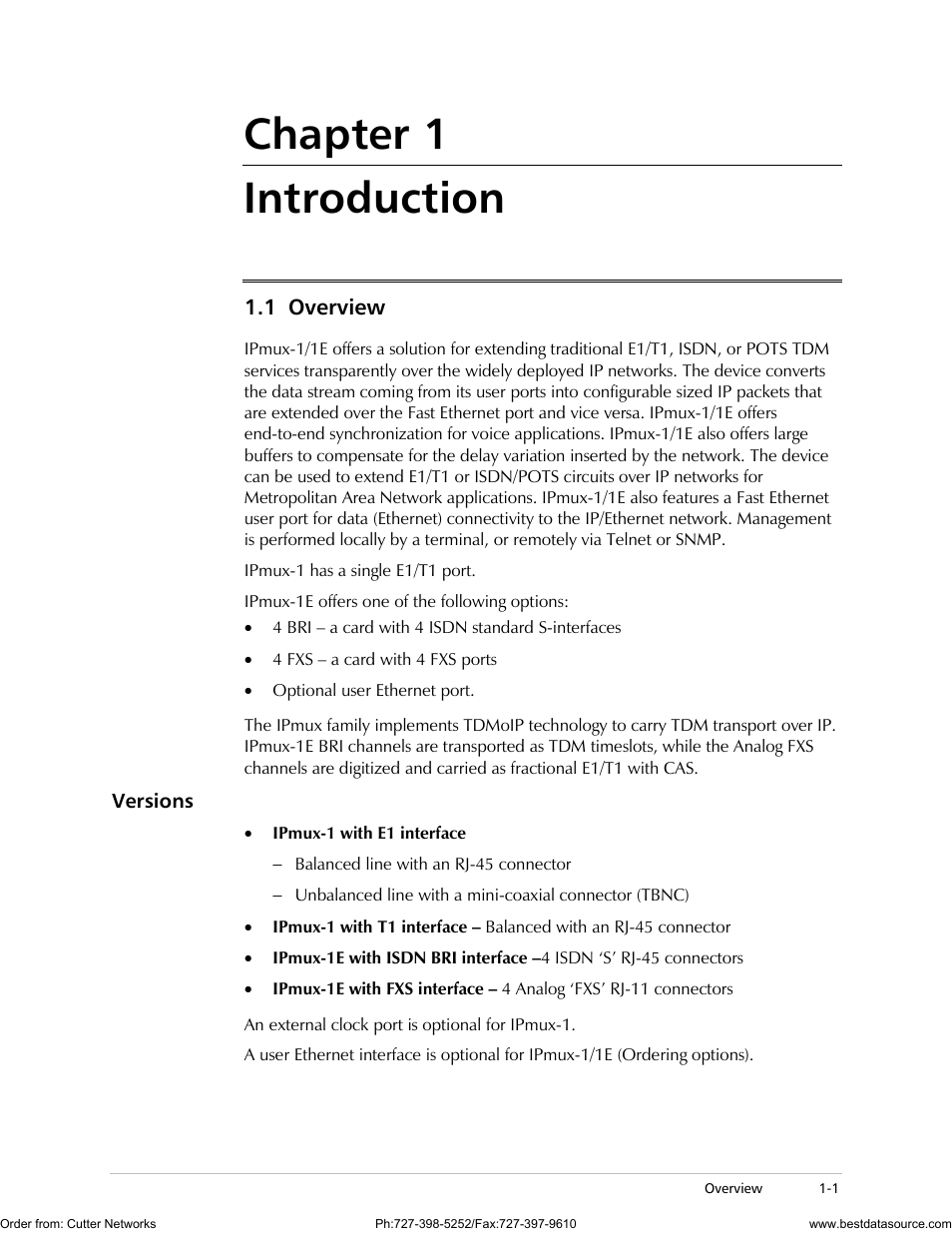 Introduction, Overview, Versions | Chapter 1 introduction, 1 overview | RAD Data comm IPmux-1 User Manual | Page 9 / 143