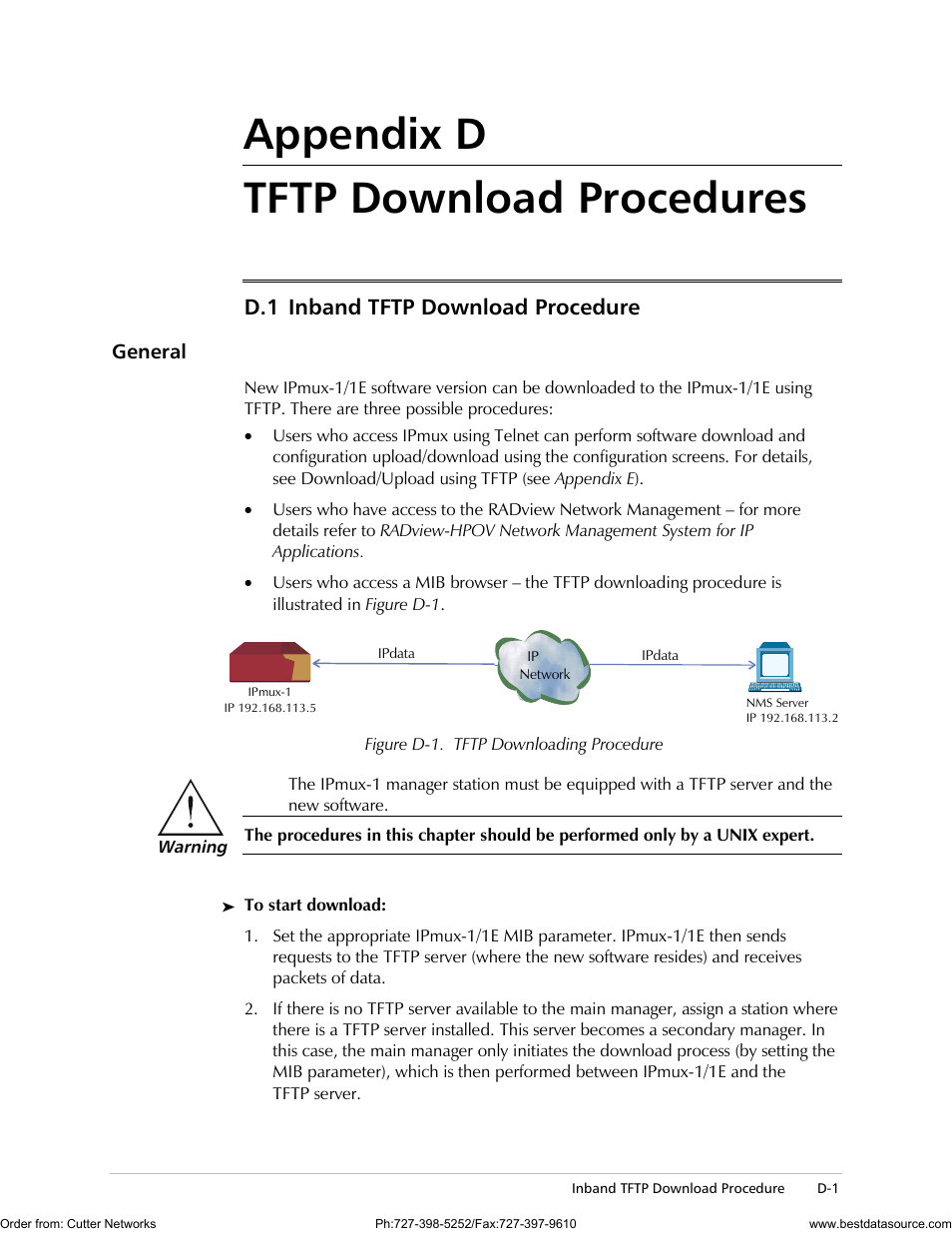 Tftp download procedures, Inband tftp download procedure, General | Appendix d tftp download procedures, D.1 inband tftp download procedure | RAD Data comm IPmux-1 User Manual | Page 95 / 143