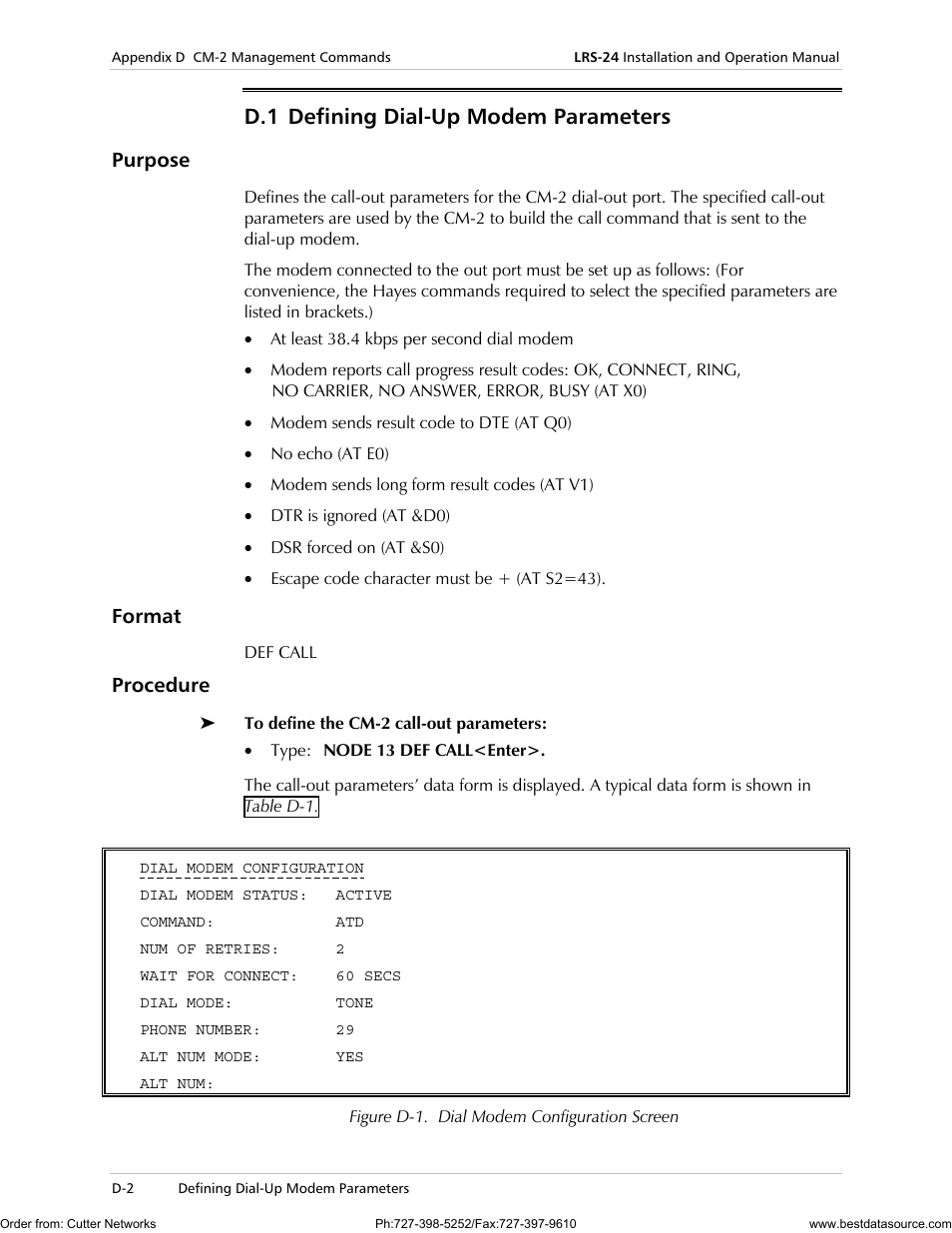 D.1 defining dial-up modem parameters, Purpose, Format | Procedure | RAD Data comm LRS-24 User Manual | Page 104 / 150