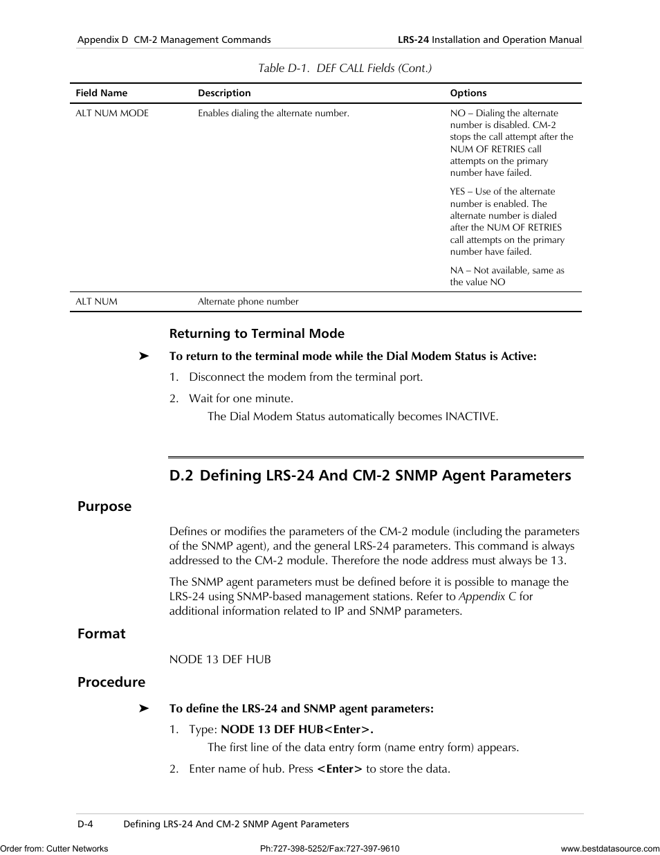 D.2 defining lrs-24 and cm-2 snmp agent parameters, Purpose, Format | Procedure | RAD Data comm LRS-24 User Manual | Page 106 / 150