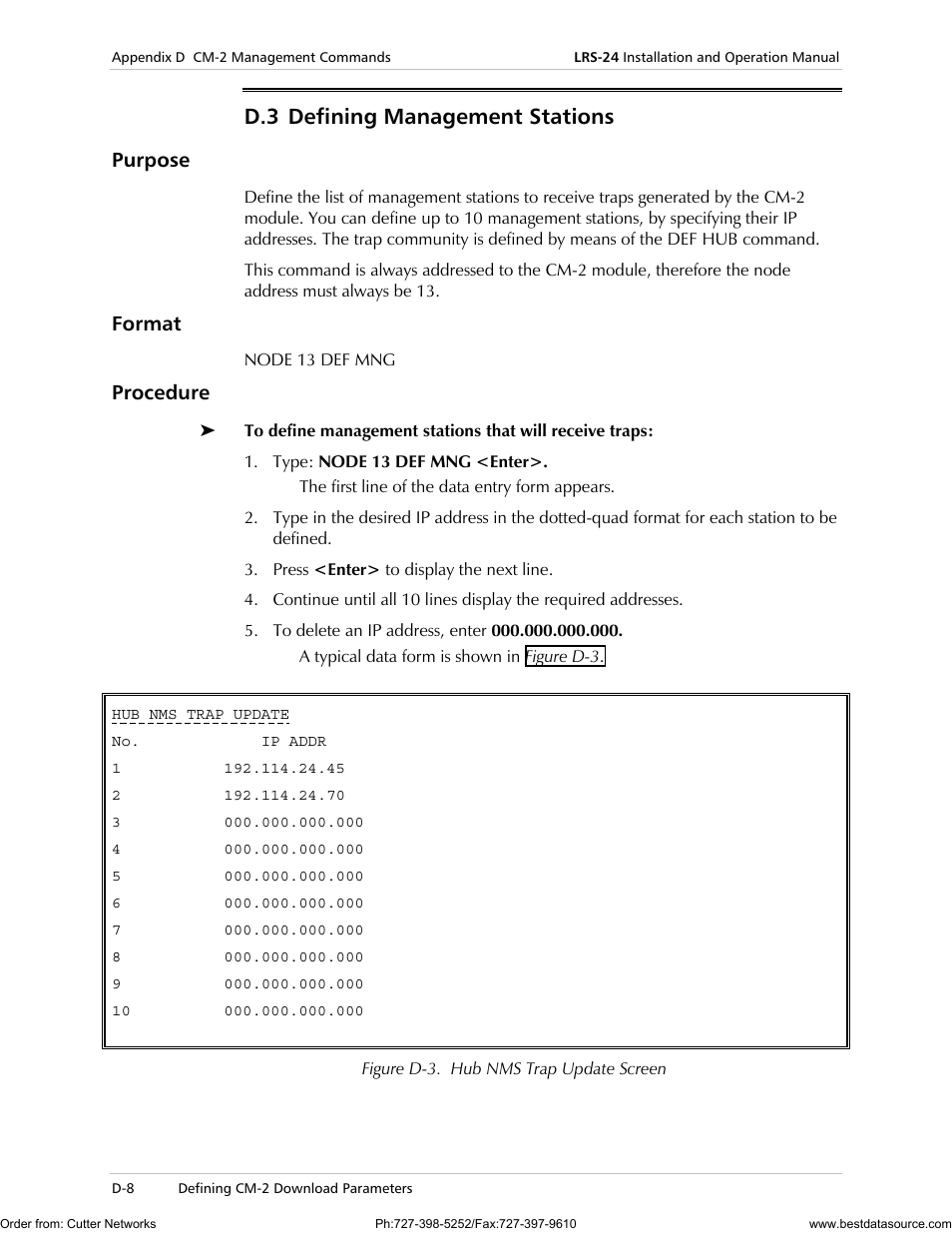 D.3 defining management stations, Purpose, Format | Procedure | RAD Data comm LRS-24 User Manual | Page 110 / 150