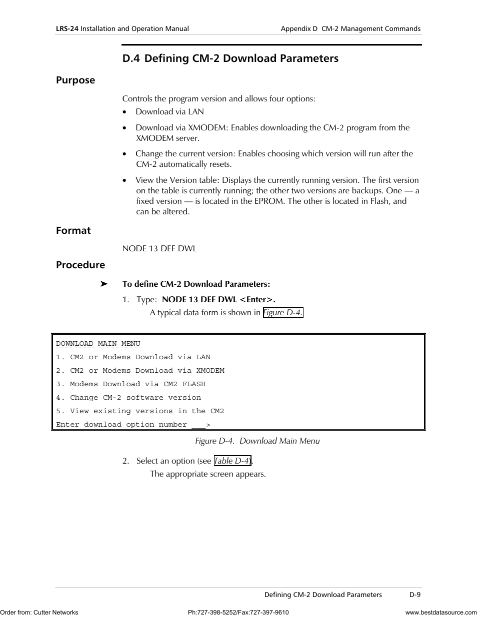 D.4 defining cm-2 download parameters, Purpose, Format | Procedure | RAD Data comm LRS-24 User Manual | Page 111 / 150