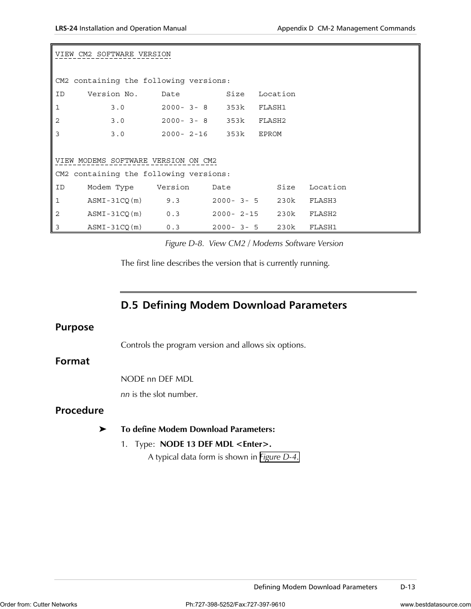 D.5 defining modem download parameters, Purpose, Format | Procedure | RAD Data comm LRS-24 User Manual | Page 115 / 150