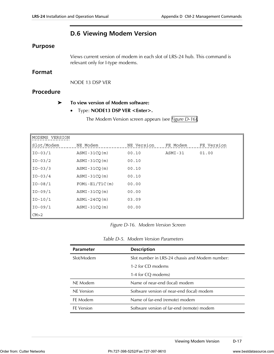 D.6 viewing modem version, Purpose, Format | Procedure | RAD Data comm LRS-24 User Manual | Page 119 / 150