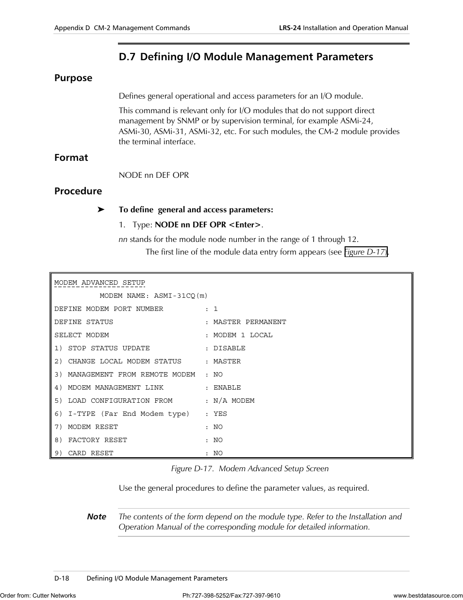 D.7 defining i/o module management parameters, Purpose, Format | Procedure | RAD Data comm LRS-24 User Manual | Page 120 / 150