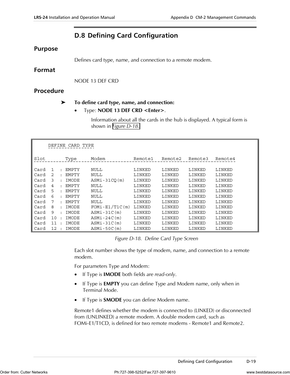 D.8 defining card configuration, Purpose, Format | Procedure | RAD Data comm LRS-24 User Manual | Page 121 / 150