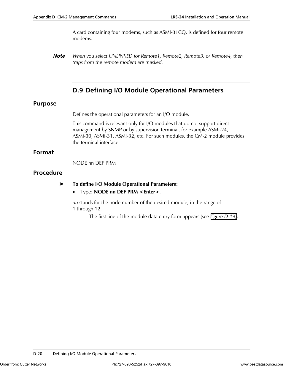 D.9 defining i/o module operational parameters, Purpose, Format | Procedure | RAD Data comm LRS-24 User Manual | Page 122 / 150