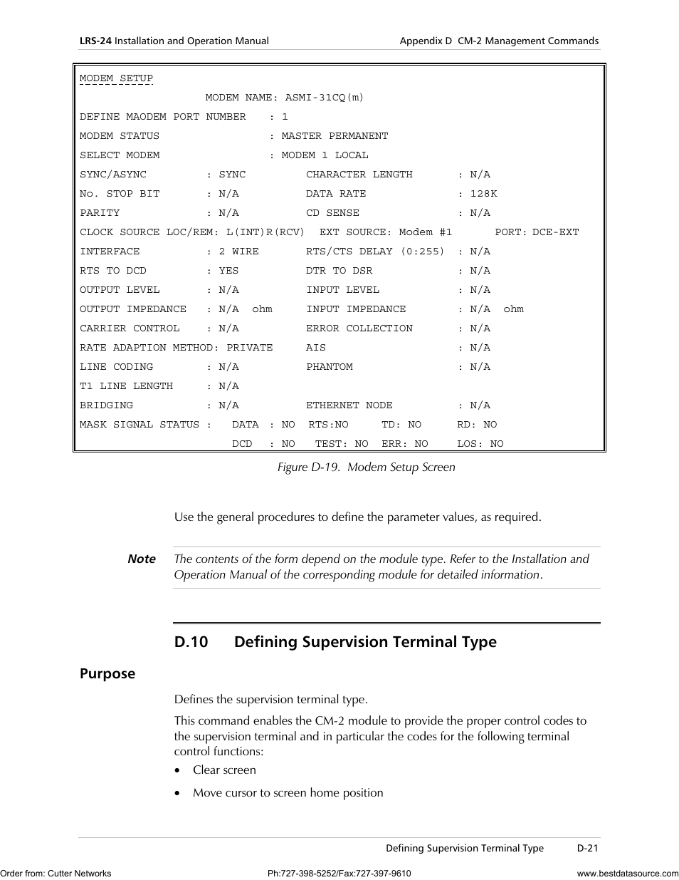 D.10 defining supervision terminal type, Purpose | RAD Data comm LRS-24 User Manual | Page 123 / 150