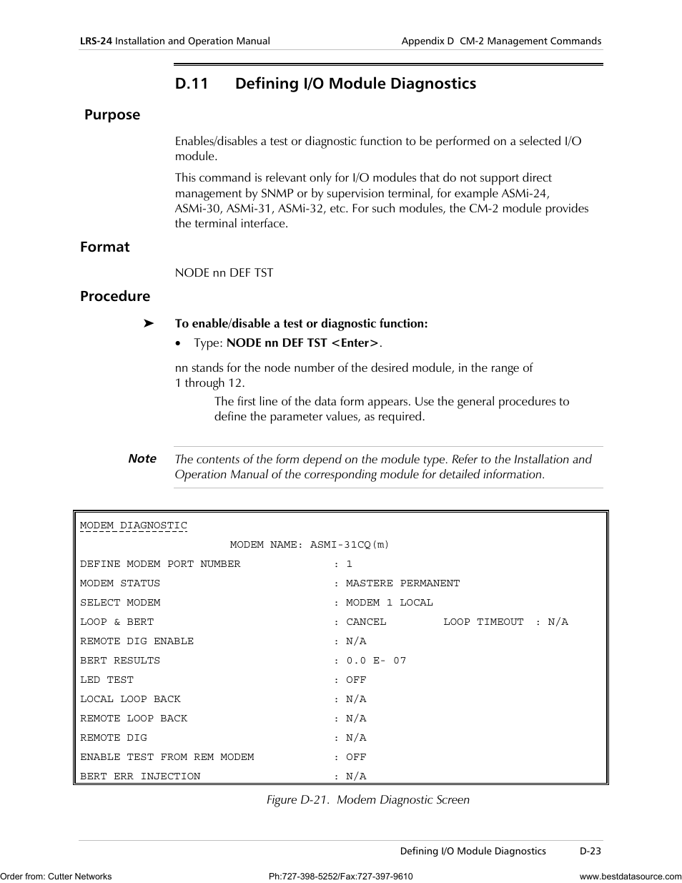 D.11 defining i/o module diagnostics, Purpose, Format | Procedure | RAD Data comm LRS-24 User Manual | Page 125 / 150