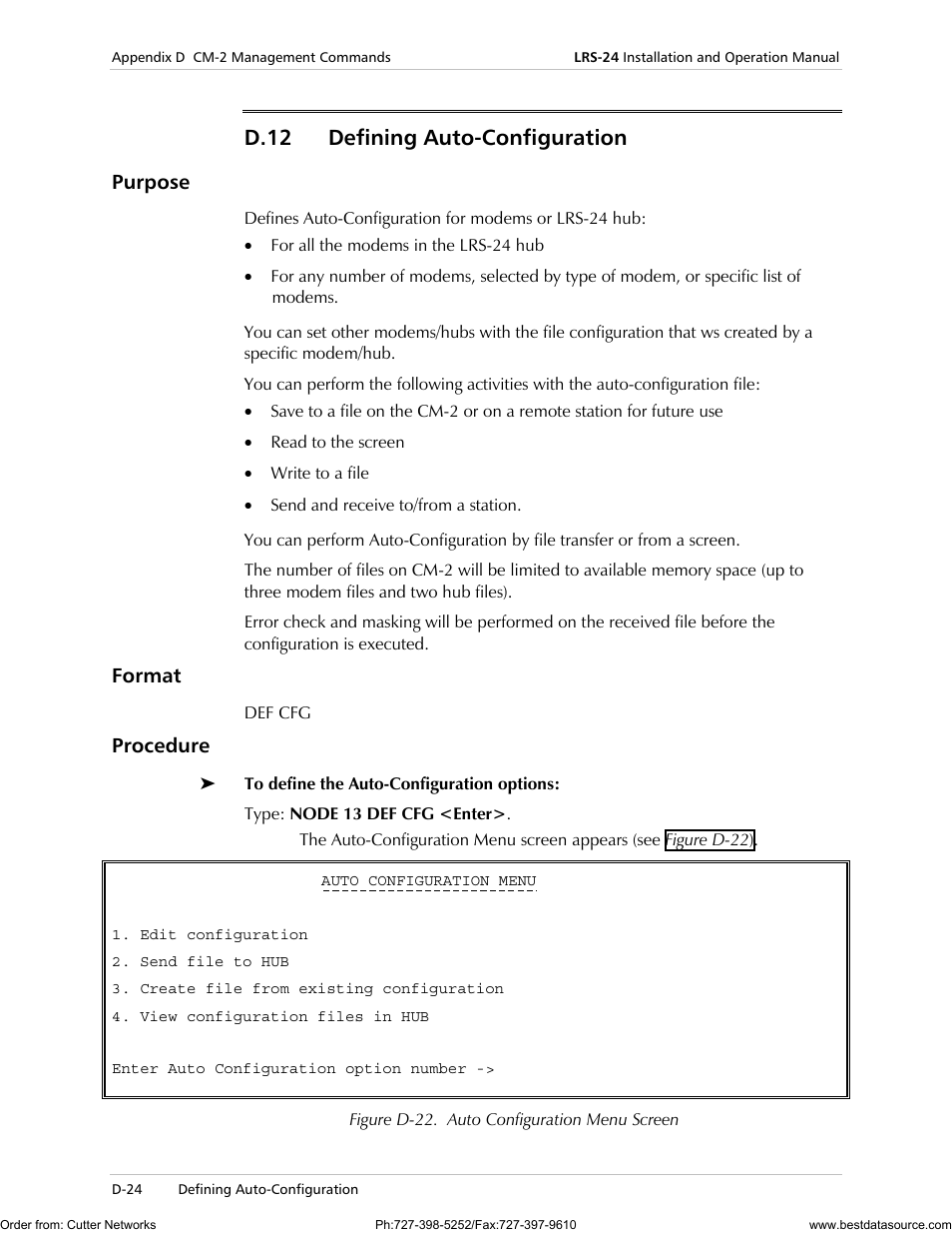 D.12 defining auto-configuration, Purpose, Format | Procedure | RAD Data comm LRS-24 User Manual | Page 126 / 150