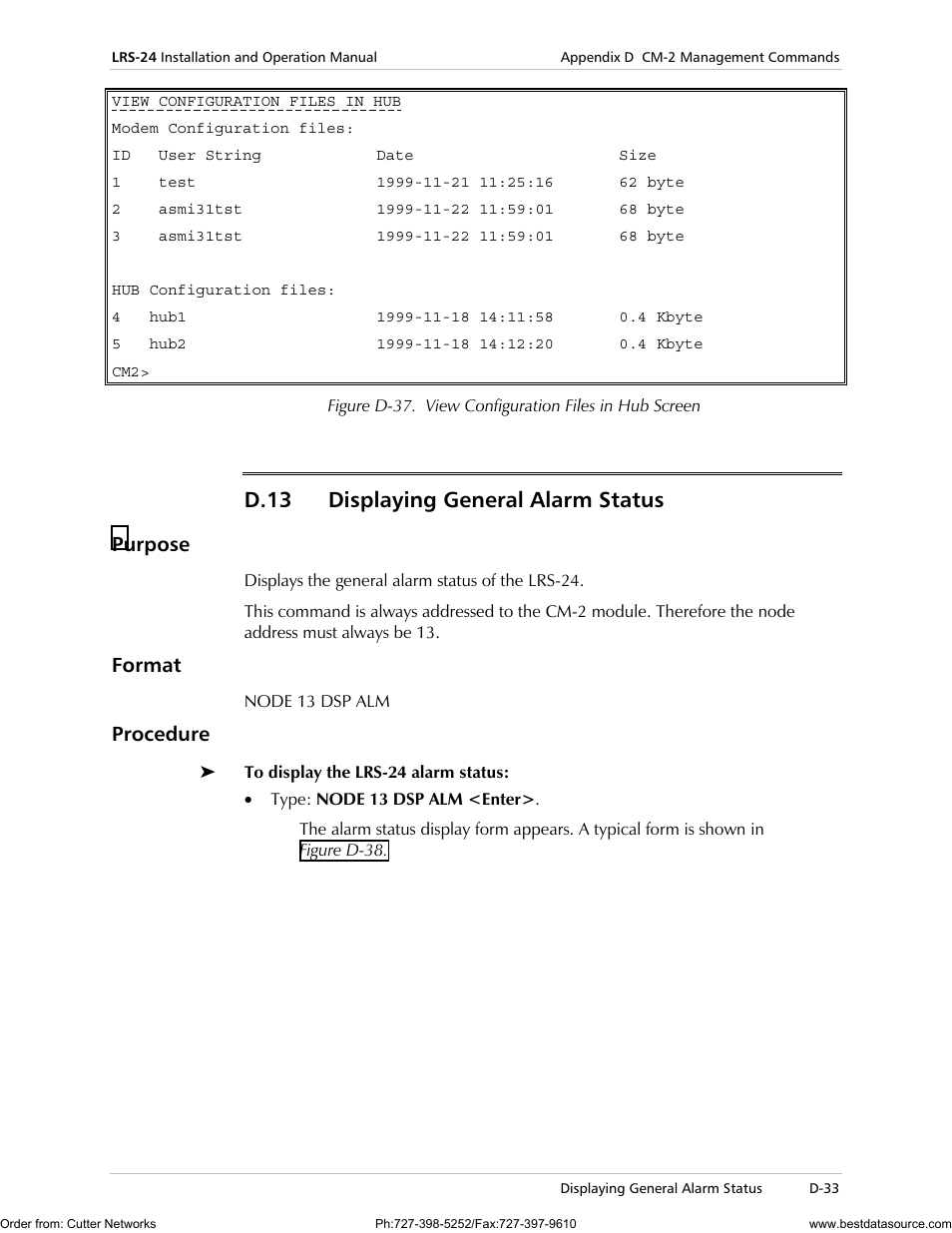 Figure d-37 ), D.13 displaying general alarm status, Purpose | Format, Procedure | RAD Data comm LRS-24 User Manual | Page 135 / 150