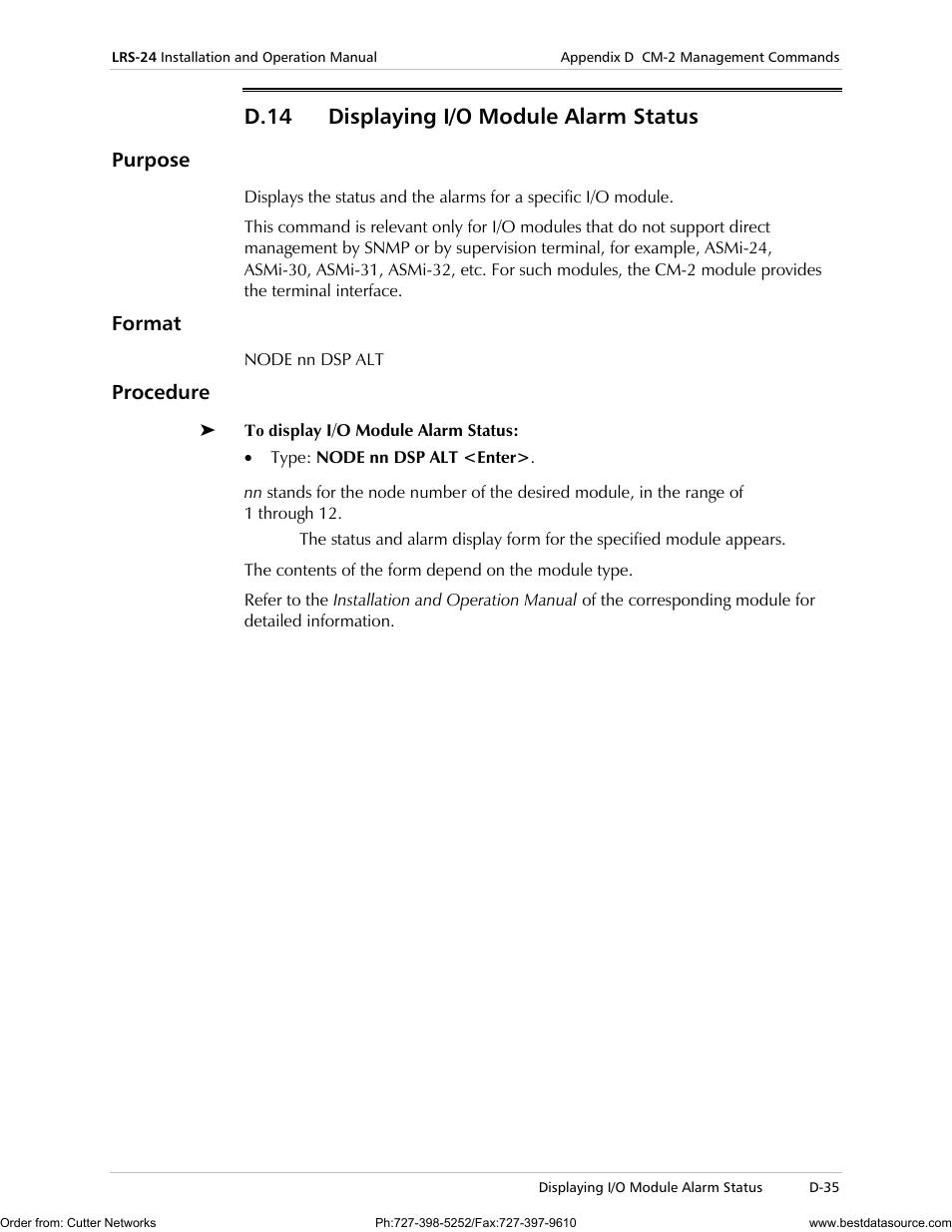 D.14 displaying i/o module alarm status, Purpose, Format | Procedure | RAD Data comm LRS-24 User Manual | Page 137 / 150