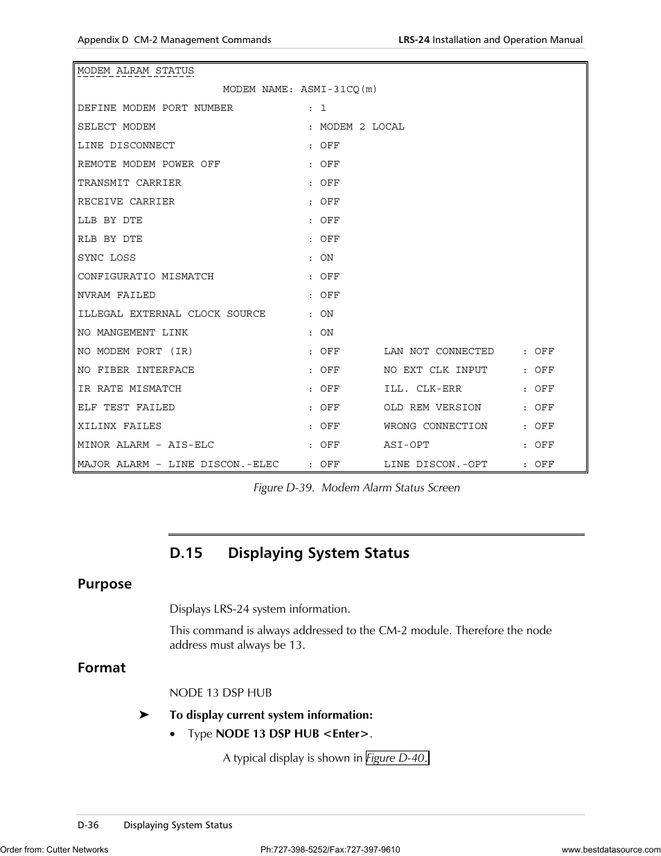 D.15 displaying system status, Purpose, Format | RAD Data comm LRS-24 User Manual | Page 138 / 150