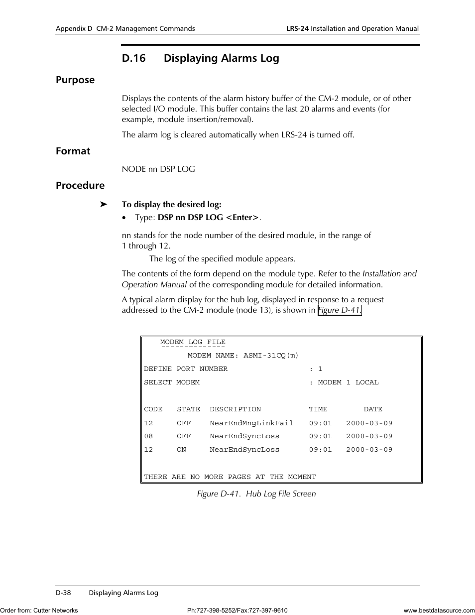 D.16 displaying alarms log, Purpose, Format | Procedure | RAD Data comm LRS-24 User Manual | Page 140 / 150