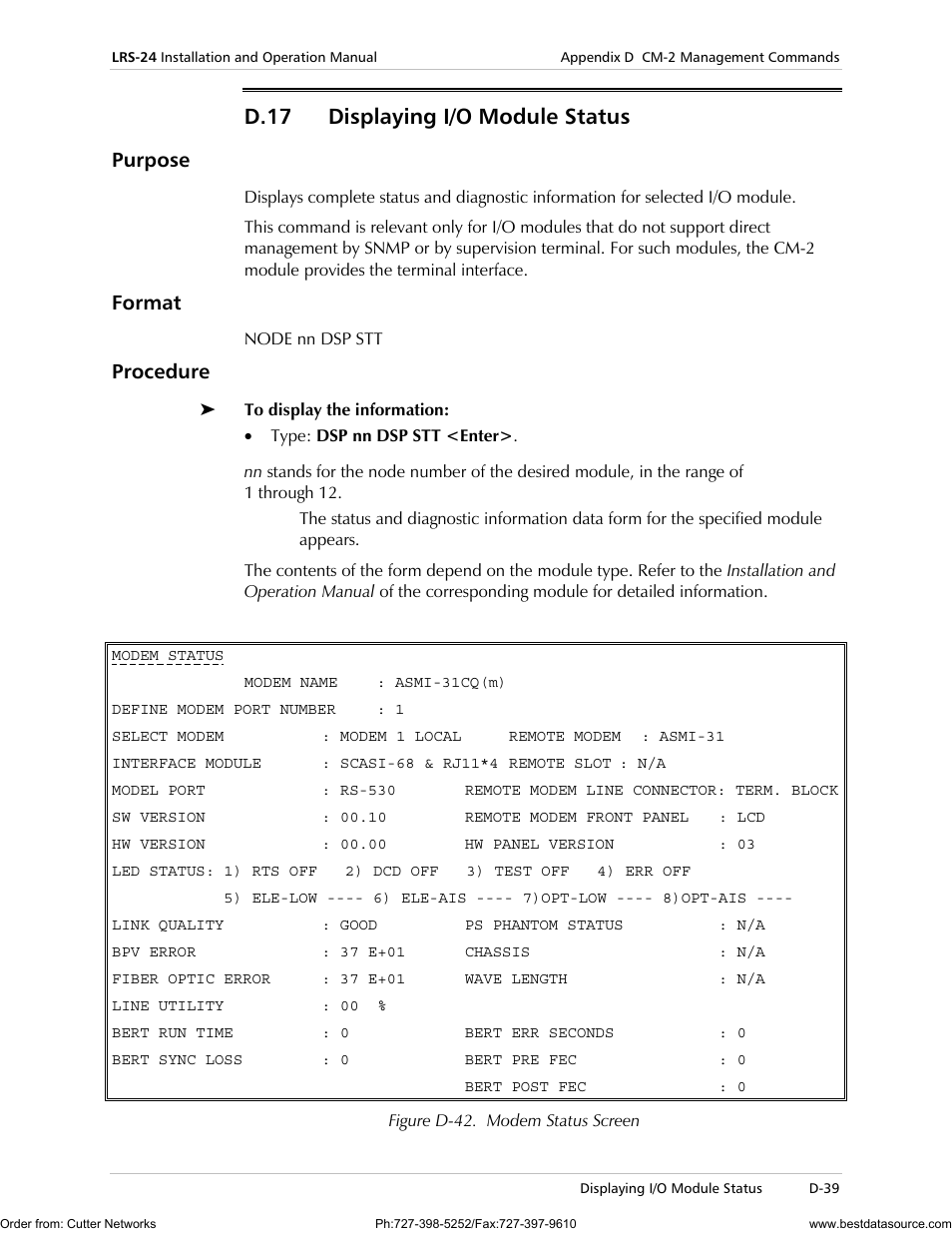 D.17 displaying i/o module status, Purpose, Format | Procedure | RAD Data comm LRS-24 User Manual | Page 141 / 150